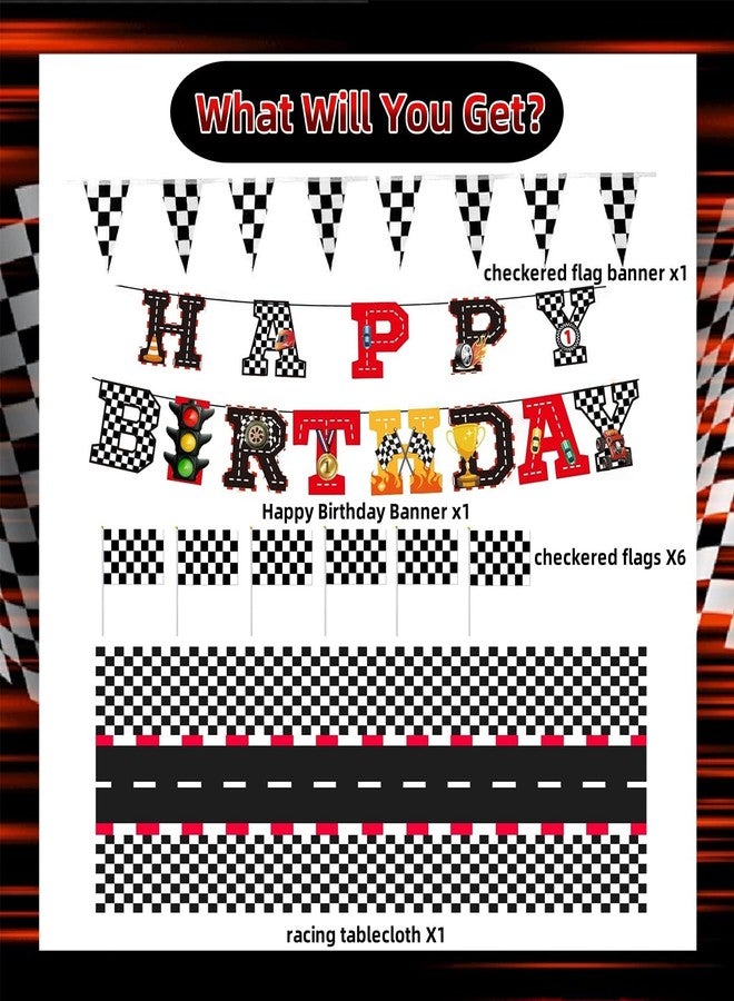 YANMIN Race Cars Birthday Party Decorations - Race Car Happy Birthday Banner, 54 x 108 Inch Racing Tablecloths, Checkered Flags for Cars Themed Party - Image 2